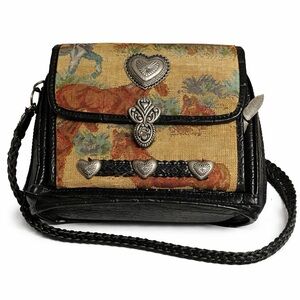 Y2K Horse Tapestry crossbody handbag- silver tone hearts hardware.